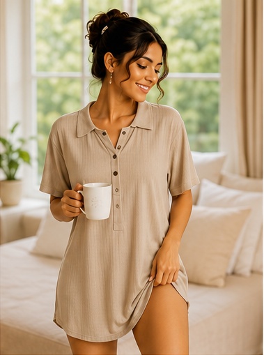 Women’s Beige Button Front Short Sleeve Sleep T-Shirt Nightwear
